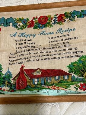 Vintage 'A Happy Home Recipe' Decorative Tea Towel  wall hanging with linen.